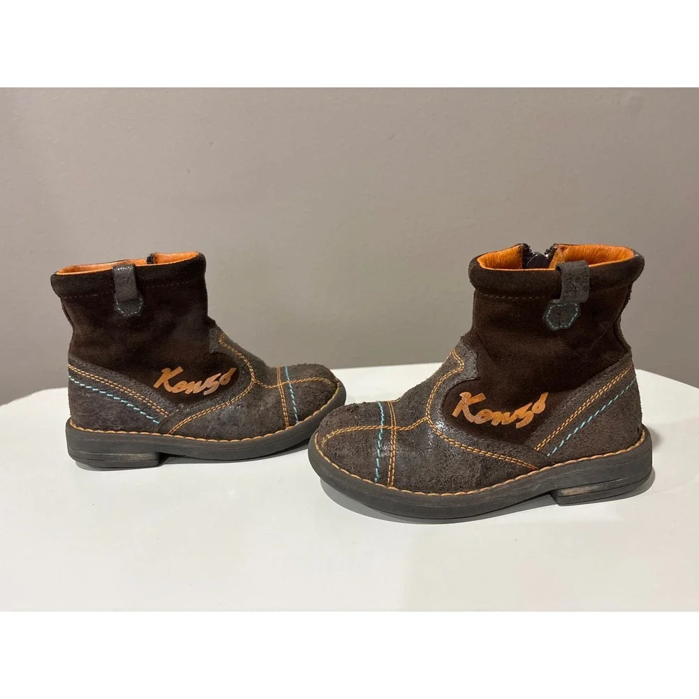 Kenzo Kids Brown Suede Leather Ankle Cowboy‎ Boots Stitching Side Zip 24 7.5